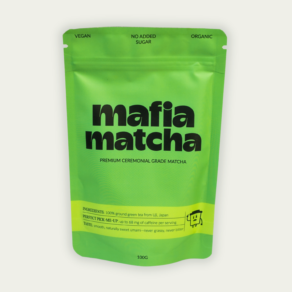 
                      Mafia Matcha ceremonial grade matcha 100g pouch, premium Japanese matcha Ireland
                    