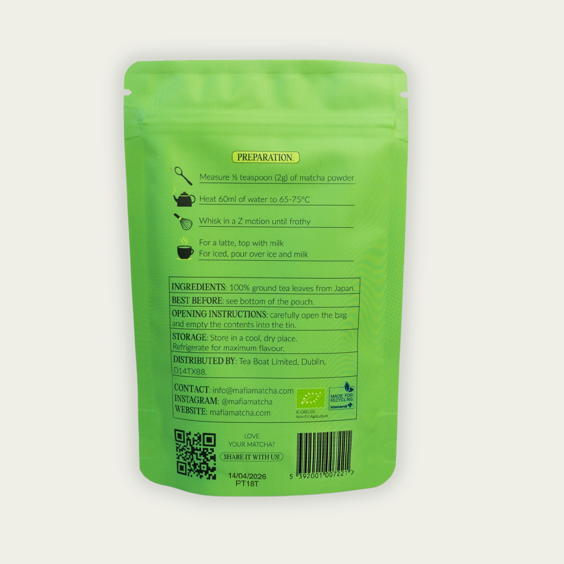 
                        Mafia Matcha ceremonial matcha 100g pouch back shot, premium matcha Dublin
                      