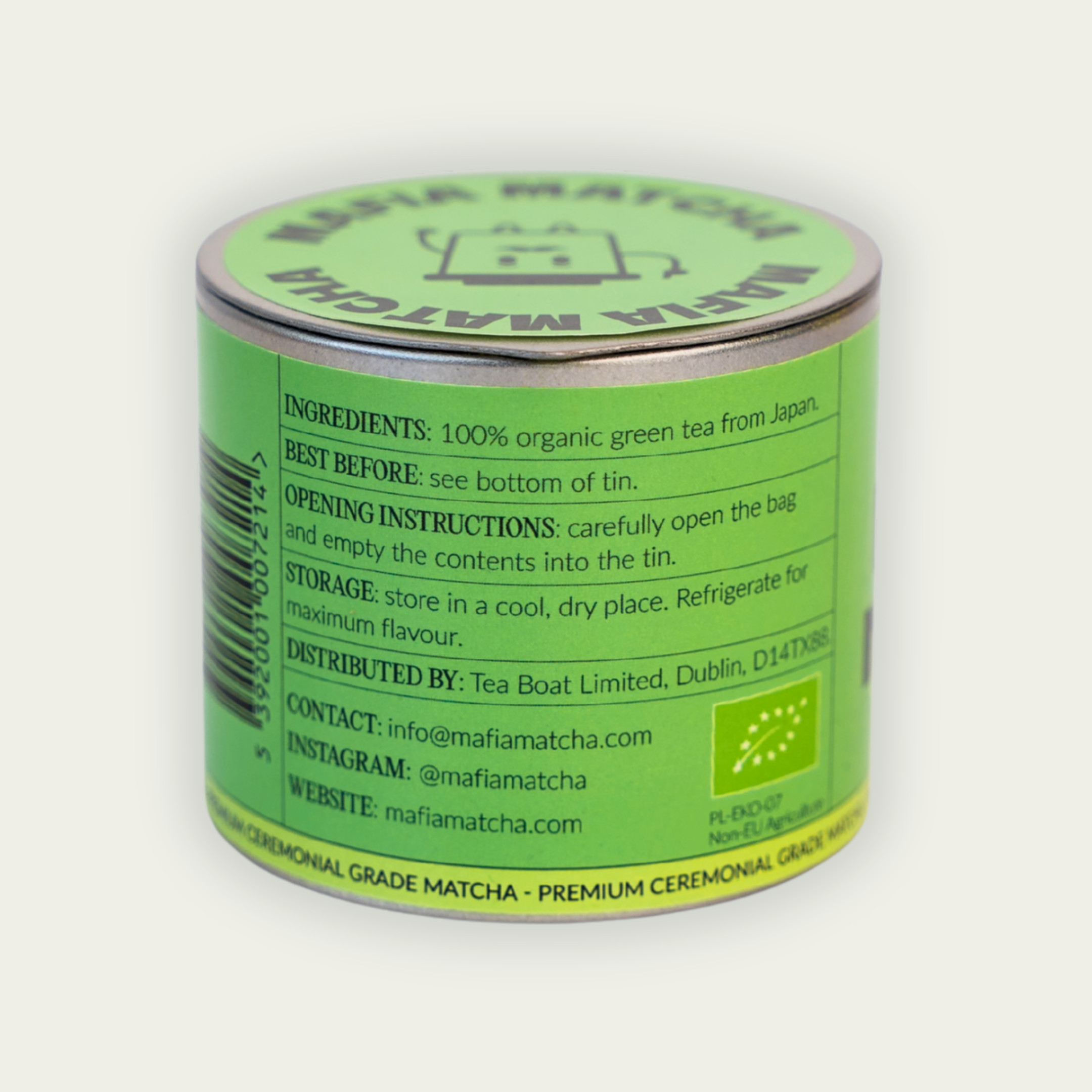 Mafia Matcha ceremonial matcha 30g tin back view, buy matcha online Ireland