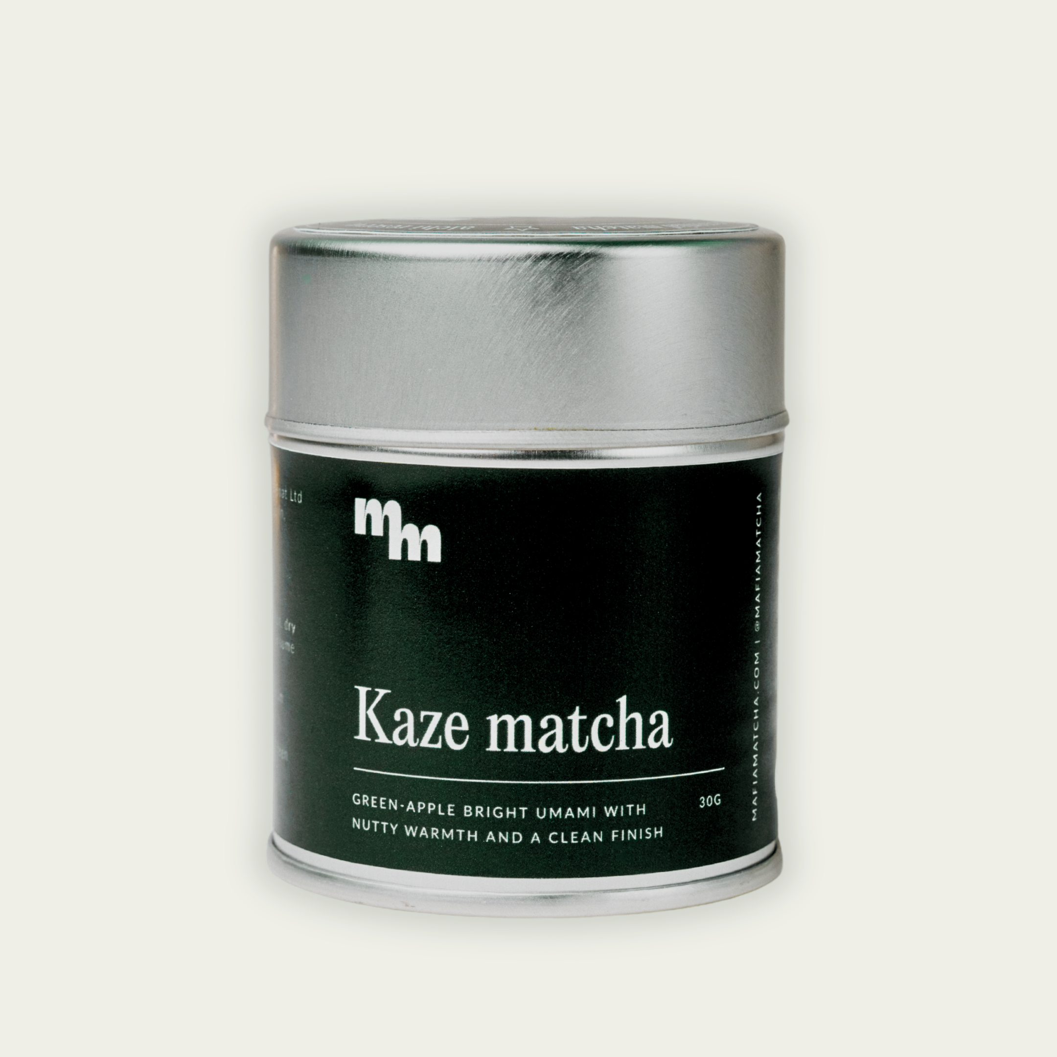 
                        Mafia Matcha Kaze 30g tin side view, Aichi Collection premium matcha
                      
