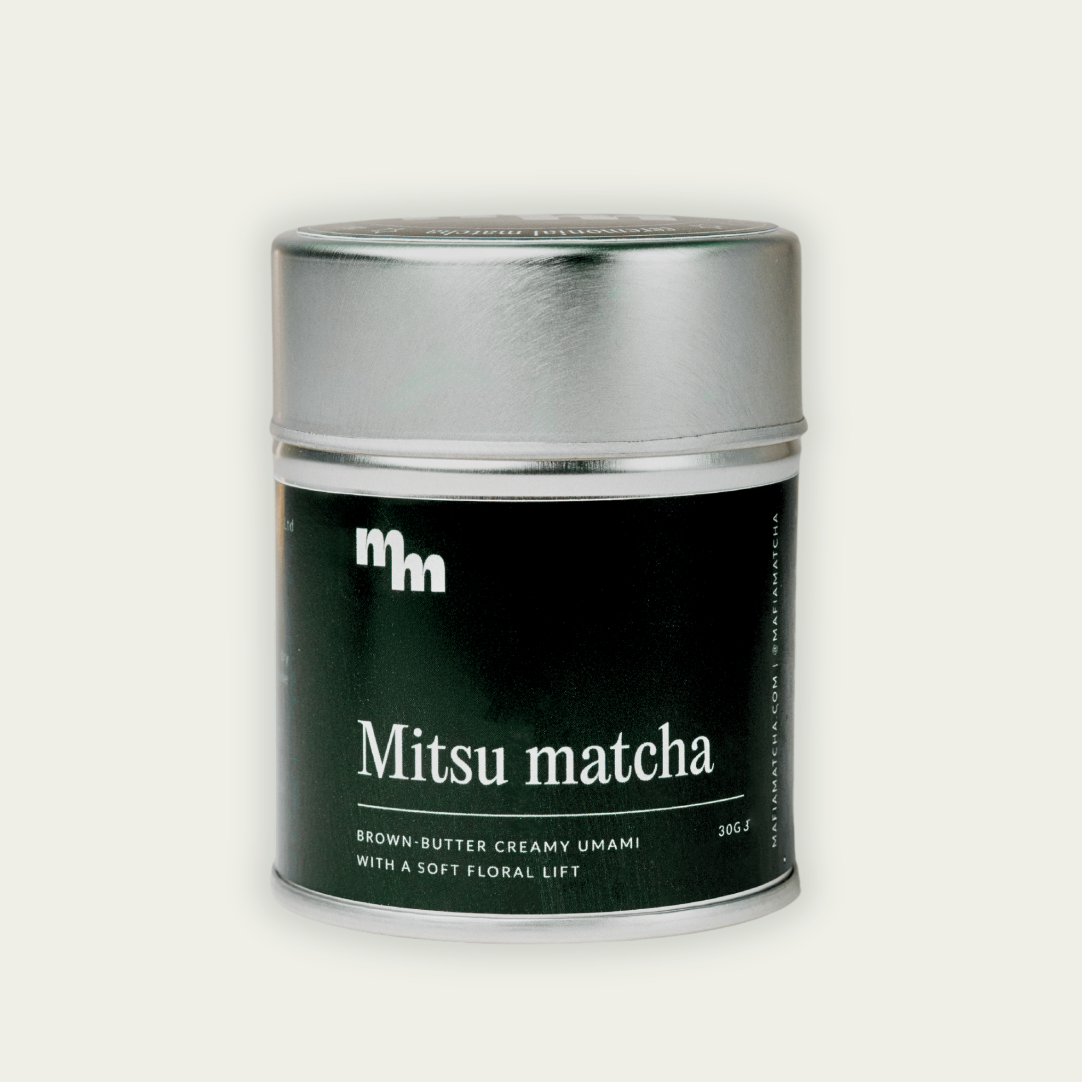 
                        Mafia Matcha Mitsu 30g tin side view, Aichi Collection premium ceremonial matcha
                      