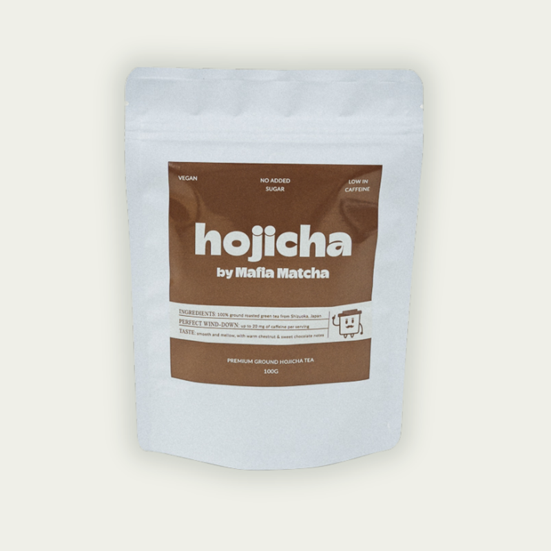 Mafia Matcha Shizuoka hojicha powder 100g pouch on a light background