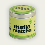 Mafia Matcha Signature Blend ceremonial matcha 40g tins with iced matcha latte, premium Japanese matcha Ireland