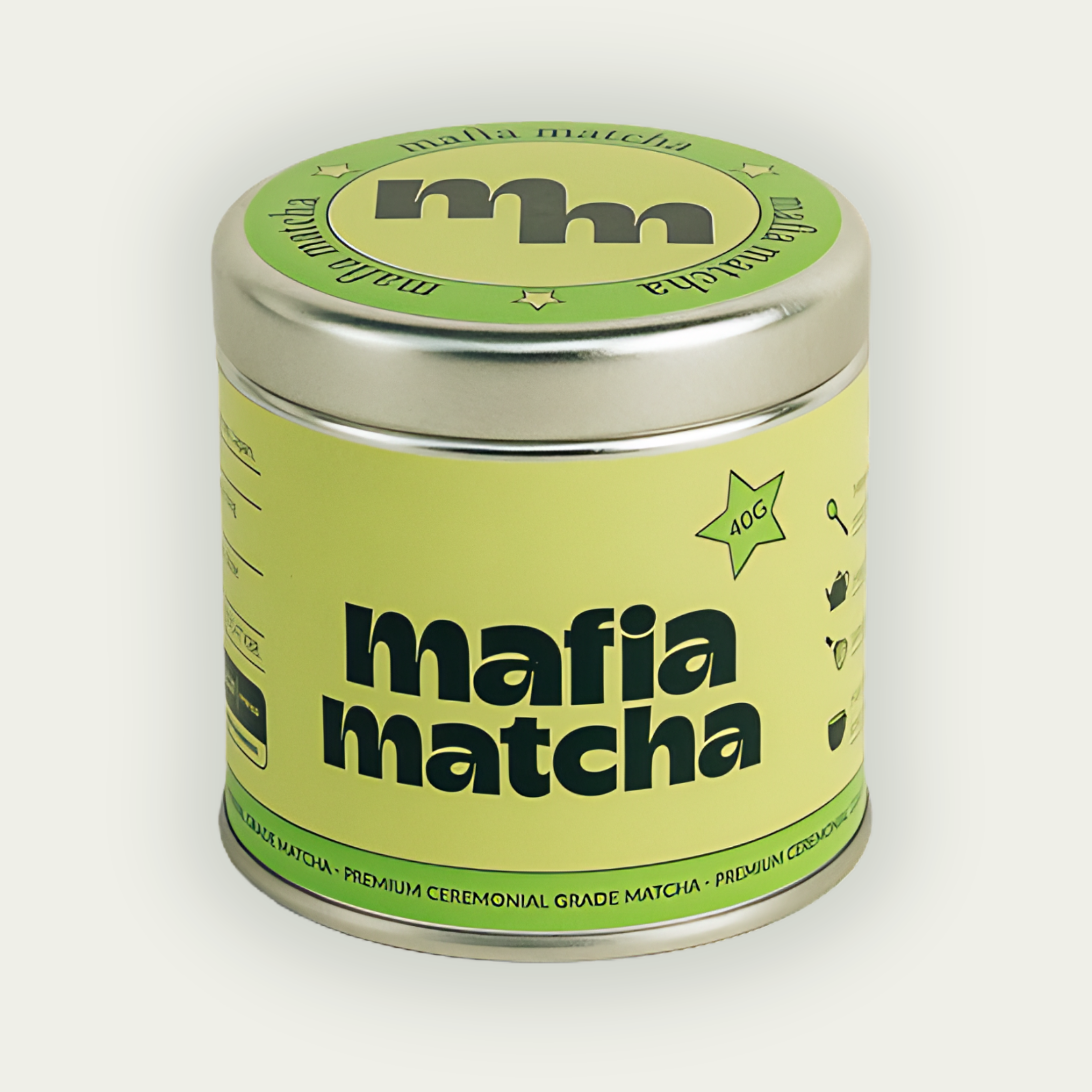 Mafia Matcha Signature Blend ceremonial matcha 40g tins with iced matcha latte, premium Japanese matcha Ireland