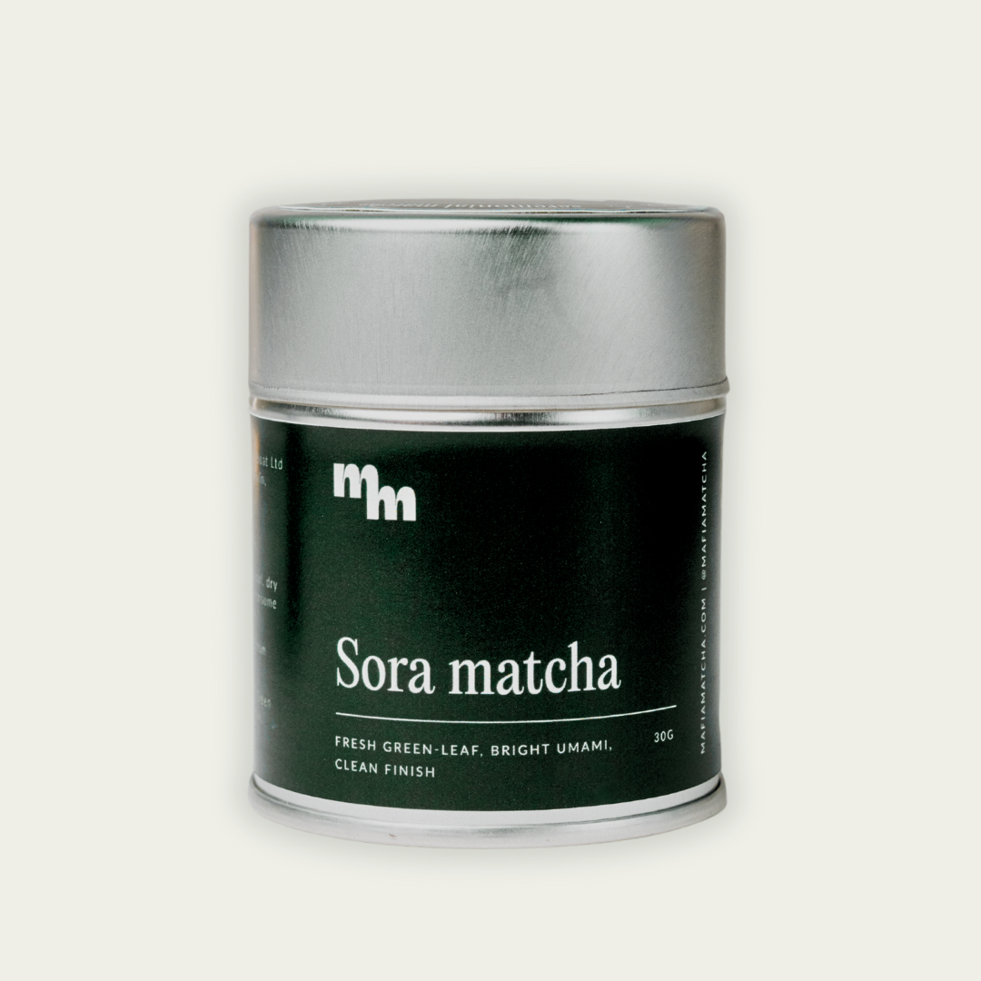 
                        Mafia Matcha Sora 30g tin side view, Aichi Collection premium matcha
                      