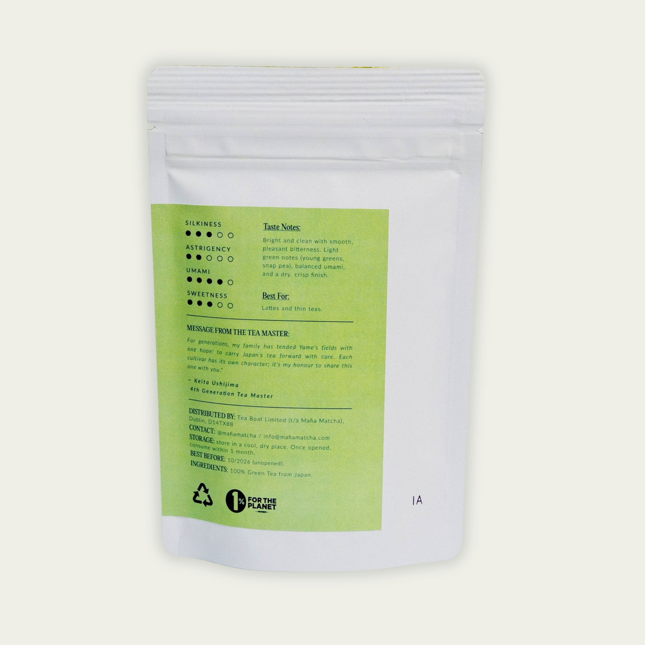 Mafia Matcha Yame Okumidori premium ceremonial matcha 50g pouch back